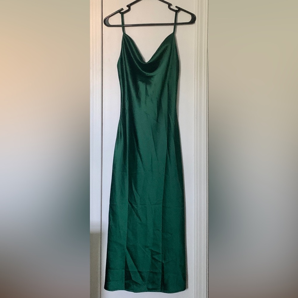 Emerald green satin midi dress